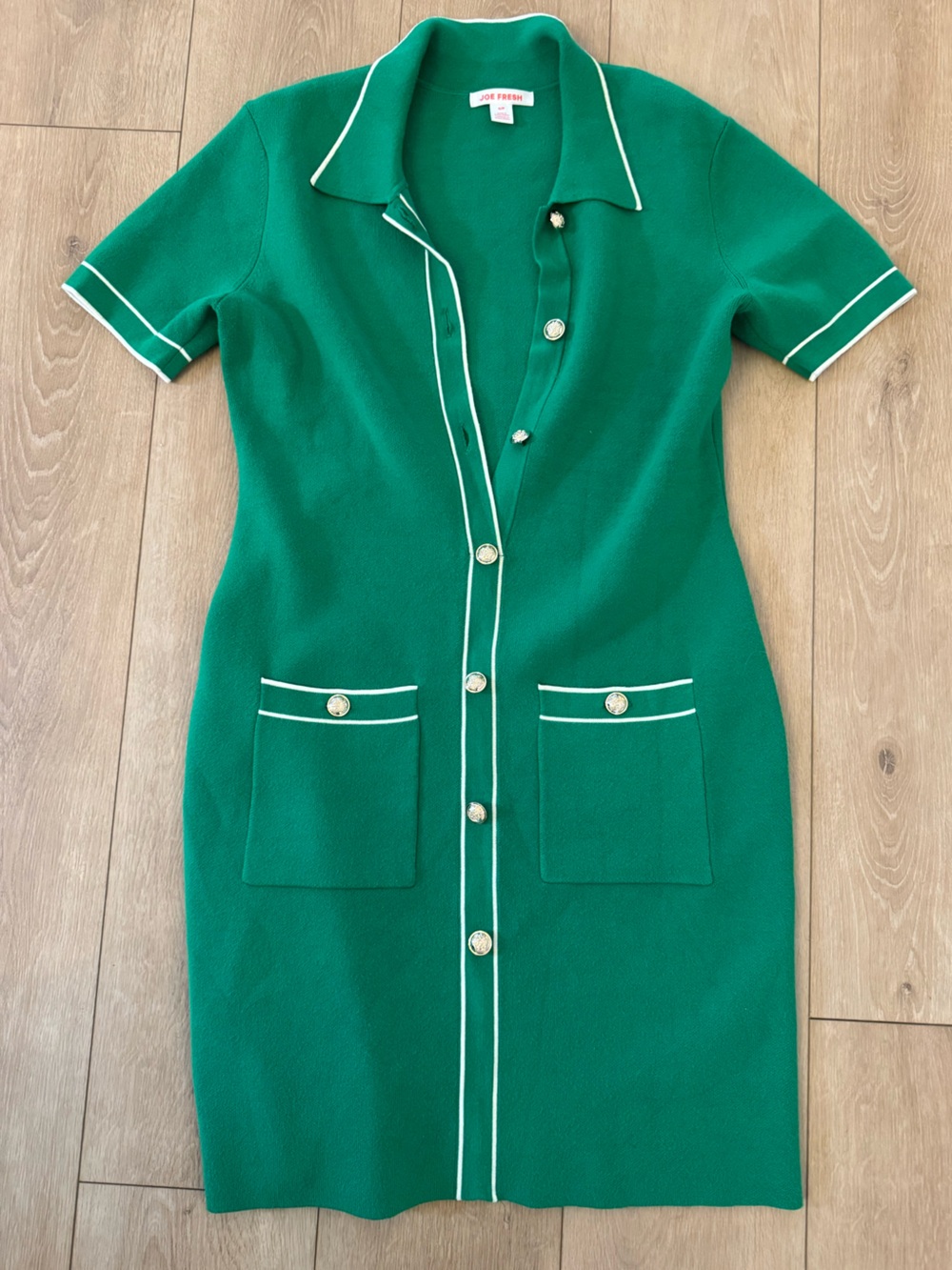Joe Fresh Emerald Green Short-Sleeve Button-Front Dress with White Trim